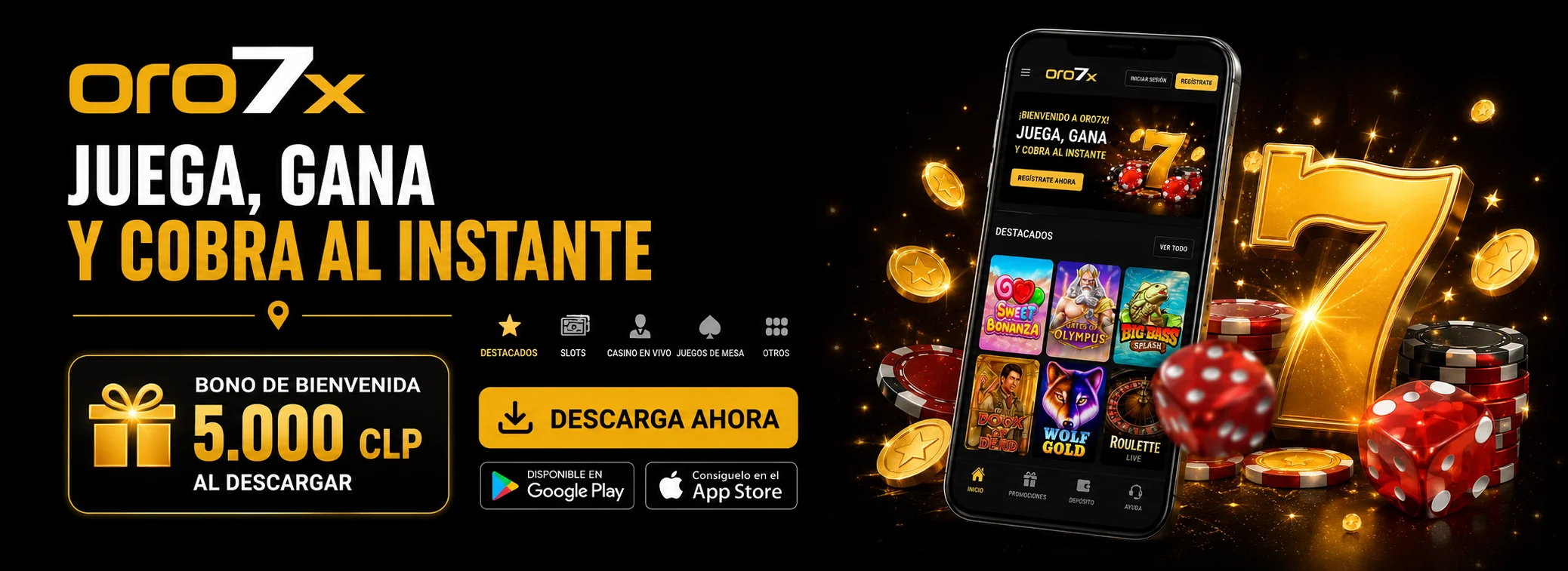 oro7x casino Chile — bono de $5.000 CLP al descargar la app con tragamonedas y casino en vivo